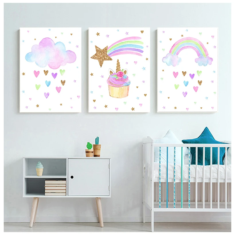 Rainbow Unicorn Wall Art Prints Baby Nursery Poster Cute Canvas Painting Nordic Decoration Picture Children Kids Bedroom Decor