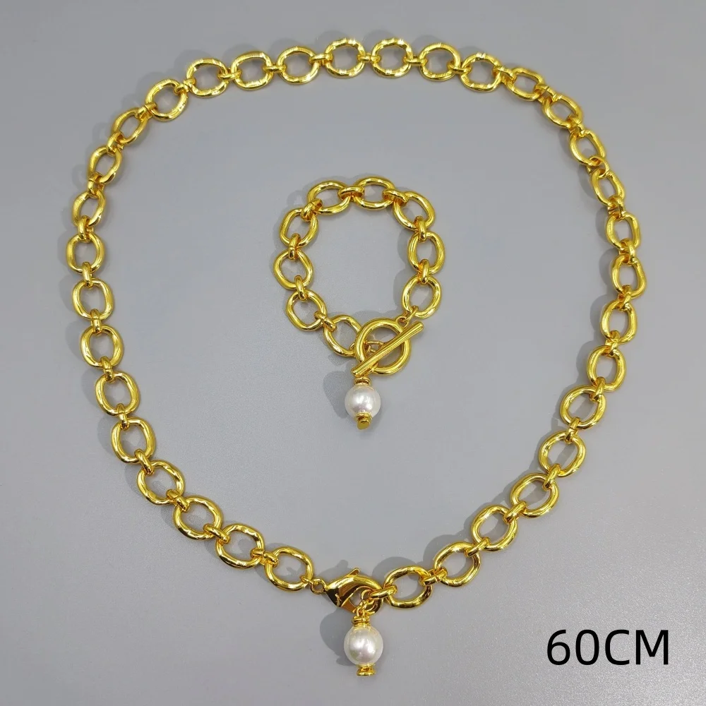 2026 Spain hot selling versatile gold and silver pearl buckle bracelet necklace jewelry two-piece set accessories fashion gift