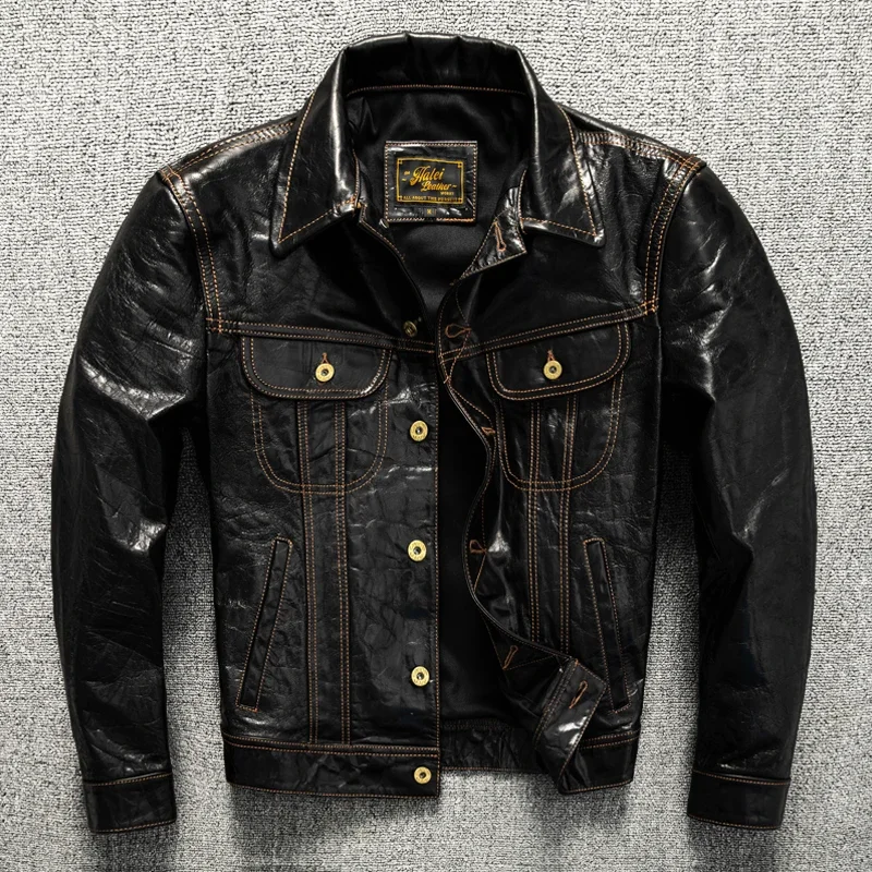 

Top Layer Sheepskin Leather Jacket for Men, Vegetable Tanned Batik Storm Knight Lapel Short Denim Leather Jacket Jacket