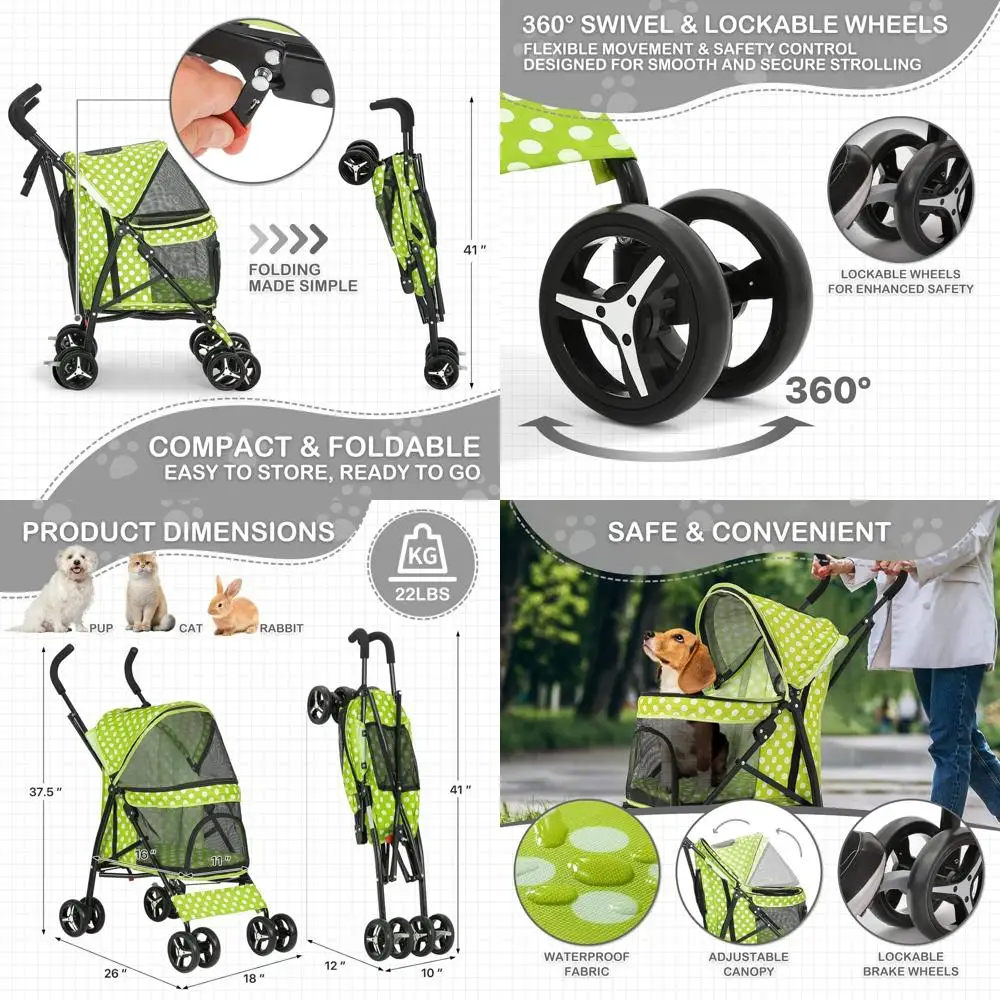 

4-колесная коляска для домашних животных с местом для хранения и сеткой для кошек и собак, складная газонная зеленая в горошек