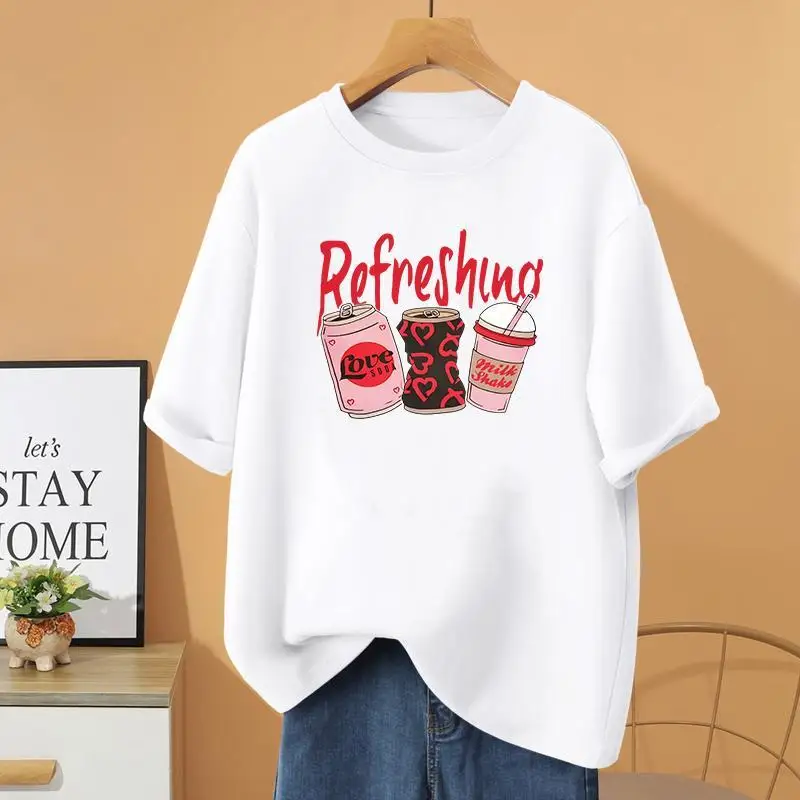 

Summer Cartoon Printed Basic Pullovers, Summer 100% Cotton Loose Casual T-shirt, Women Clothing Fashion Short Sleeve Top Tee