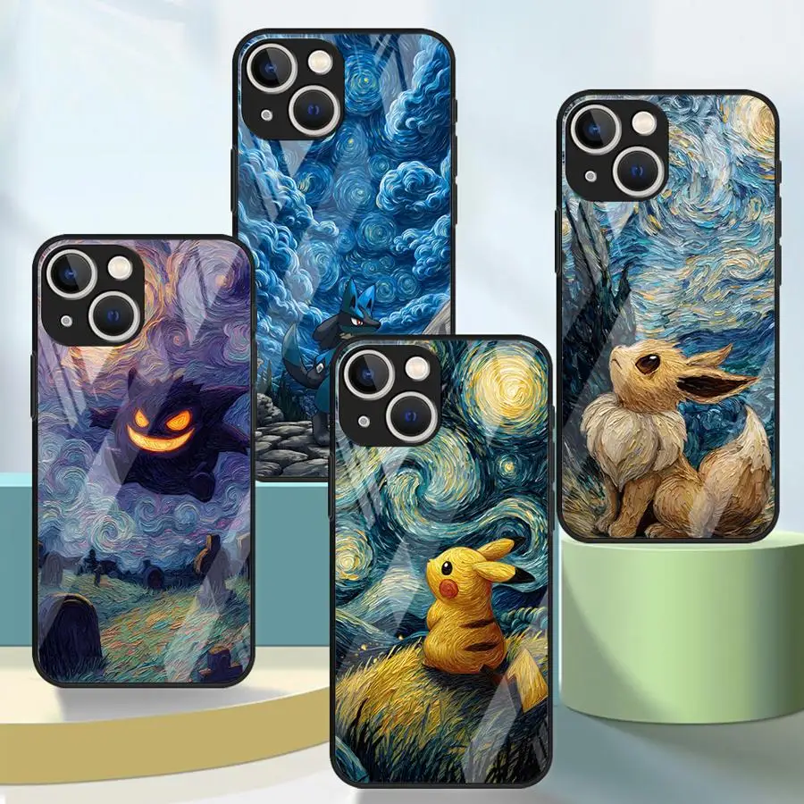 Lustige Pokémon Gengar Handyhülle aus Glas für iPhone 17 Pro Max 13 16 8 15 Plus 14 Air 12 11 XR