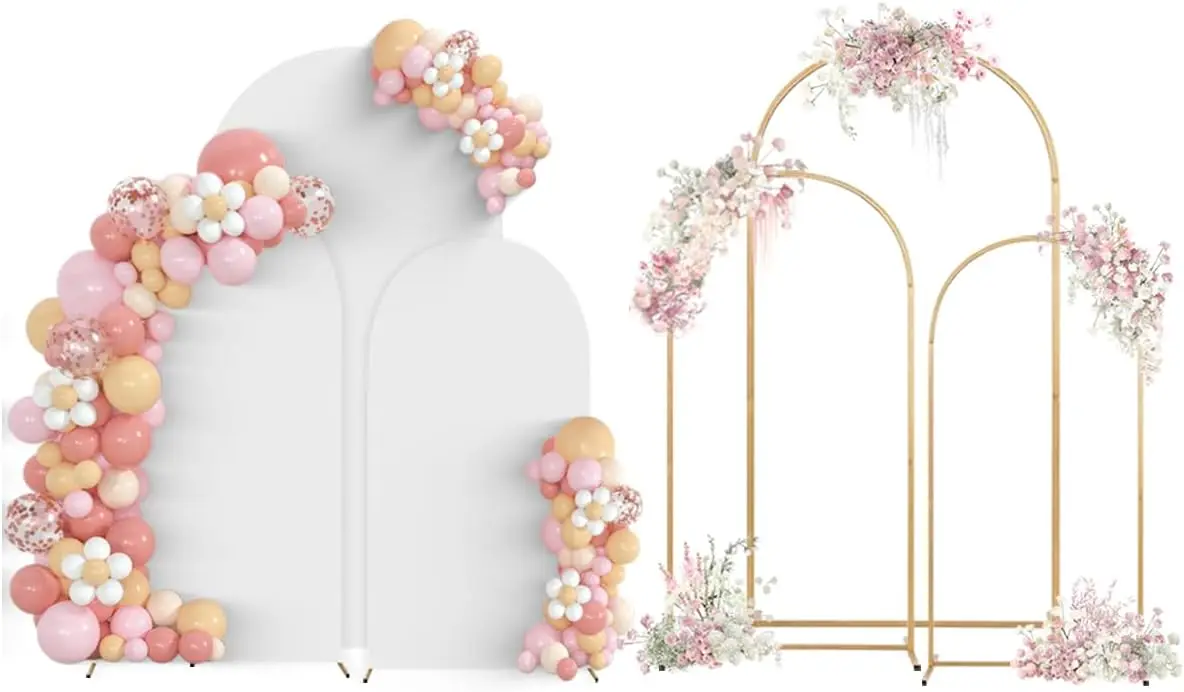 

Gold Metal Wedding Arch Stand Set of 3 with Covers (7.2FT+6FT+5FT) for Party Decorations