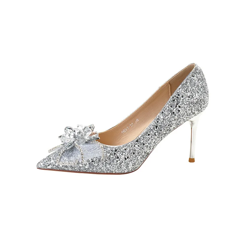 

Luxury Women's Glitter Sequin Crystal Bow Stiletto Pumps Pointed Toe Thin High Heels Elegant Wedding Shoes Dress Shoes Evening