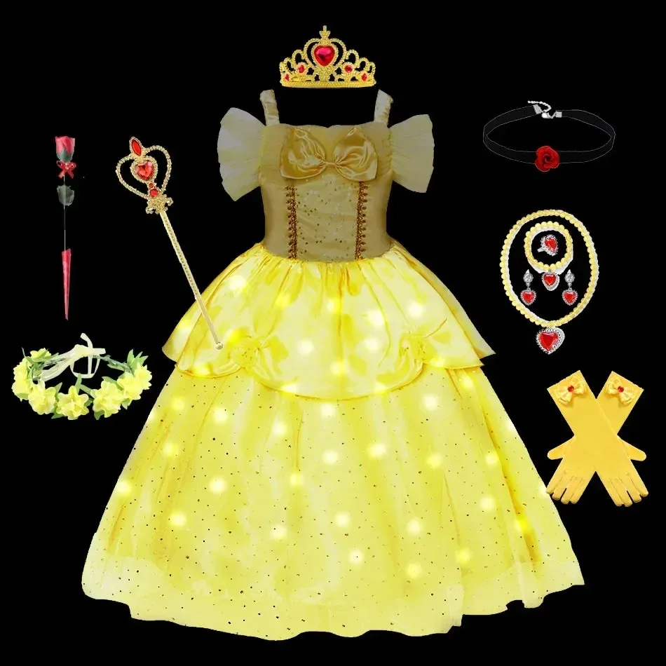 Girls Glowing Belle Dress with LED Lights Beauty Yellow the Beast Princess Baby Girl Dress Cosplay Flowers Prom Costume 2-10T