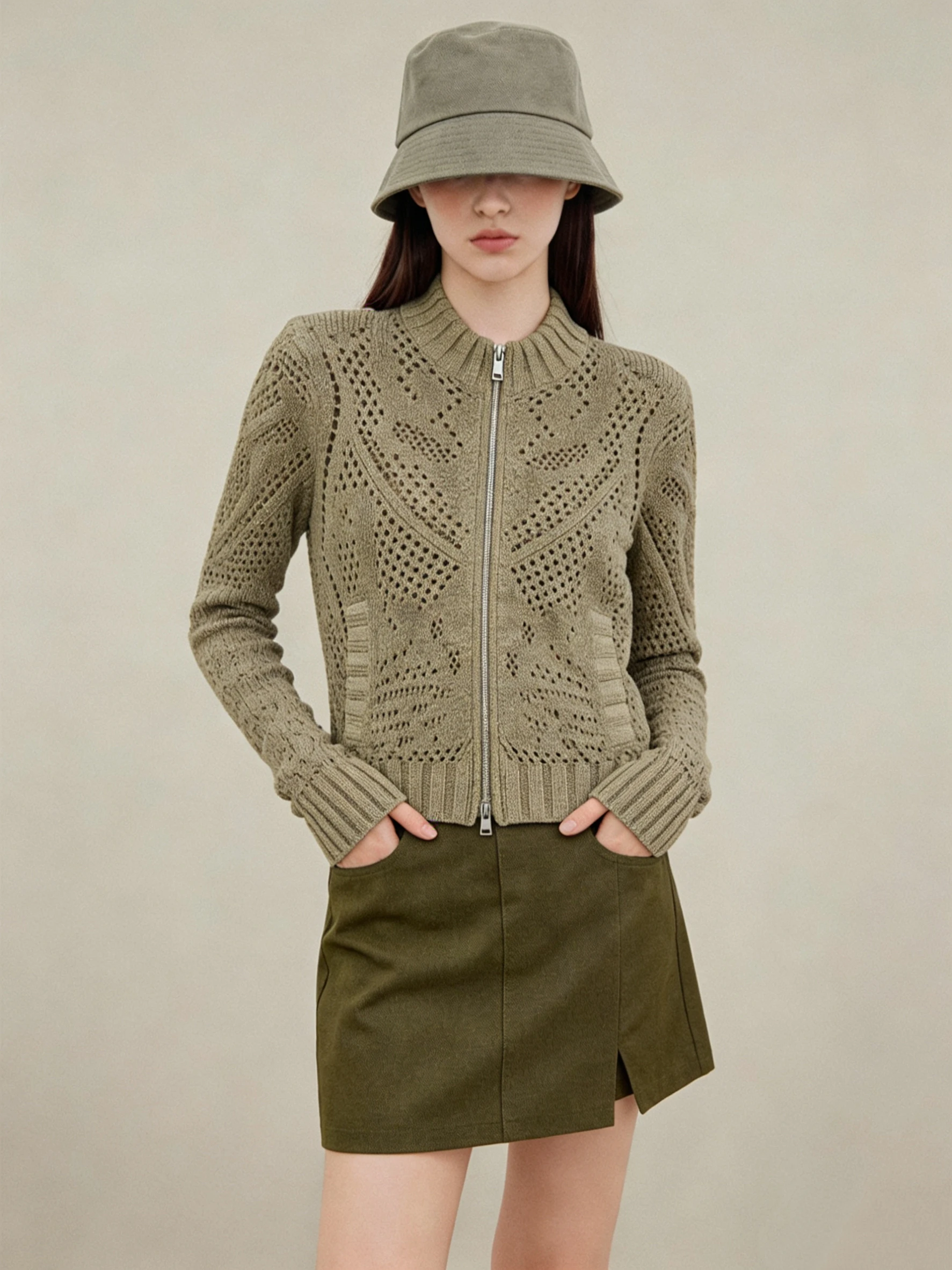 

Heavyweight Knitted Zipper Cardigan Spring New Women's Sweater Unique Beautiful Korean Sle Chic Top Hollow out Floral Design