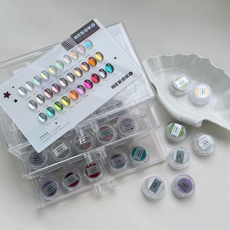 30 Color Set Dopamine Nail Art Mirror Powder Set Metallic Texture Nail Powder with Color Chart and Storage Box DIY Nail Art