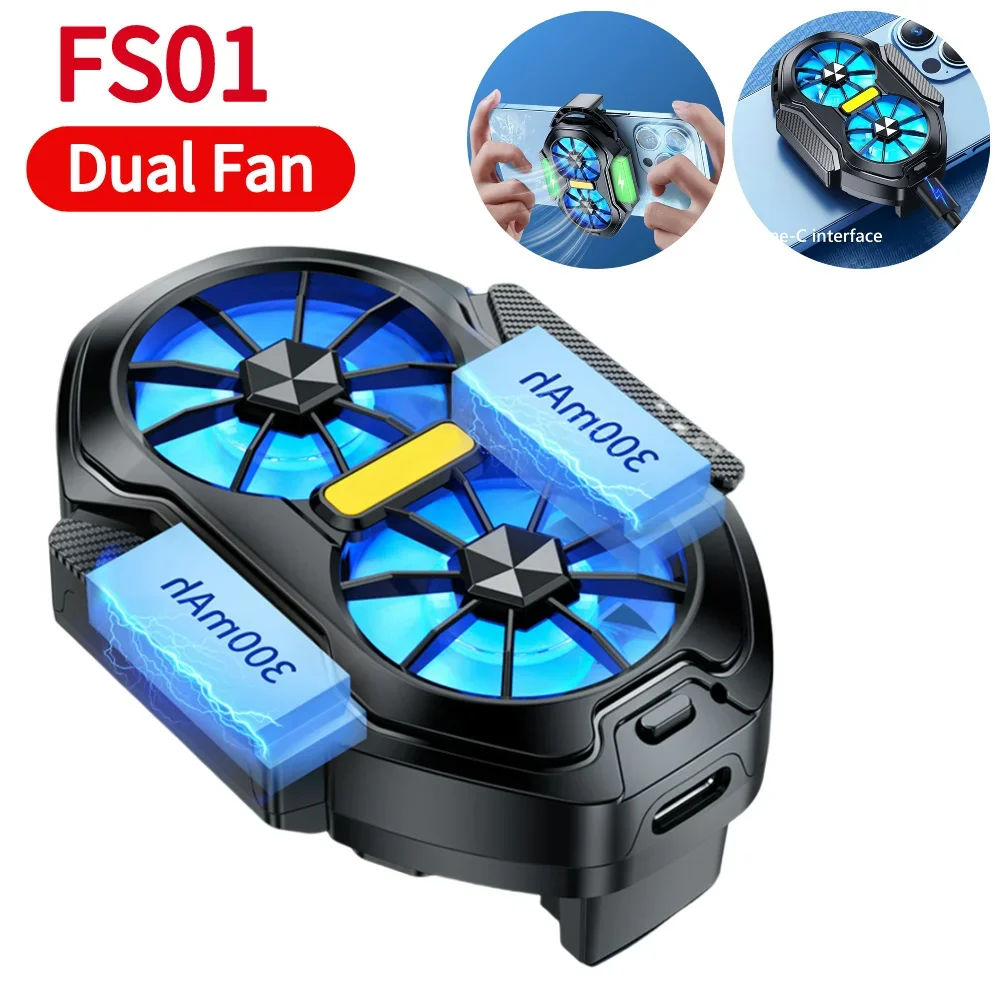 FS01 Dual Fan Rechargeable Mobile Phone Cooler Long Lasting Stronger Cooling Air Cooling Type-C for Android IOS PUBG Game Cooler