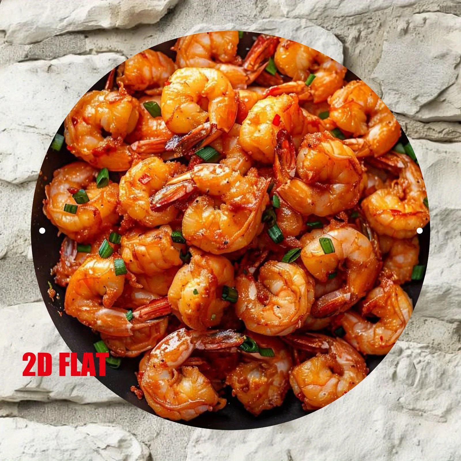 Spicy Stir-Fried Shrimp 2D Sign- 7.8Inch Round Wall Art, Suitable Home And Commercial Decoration- Features a Vibrant Red Sauce