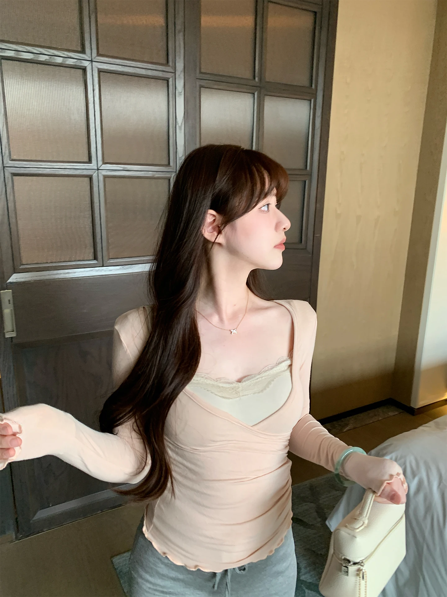 

Розовый комплект из двух предметов Kkwne: футболка с длинным рукавом и топ в балетном стиле, облегающий крой, с деревянной отделкой, повседневный стиль, женская мода, весна