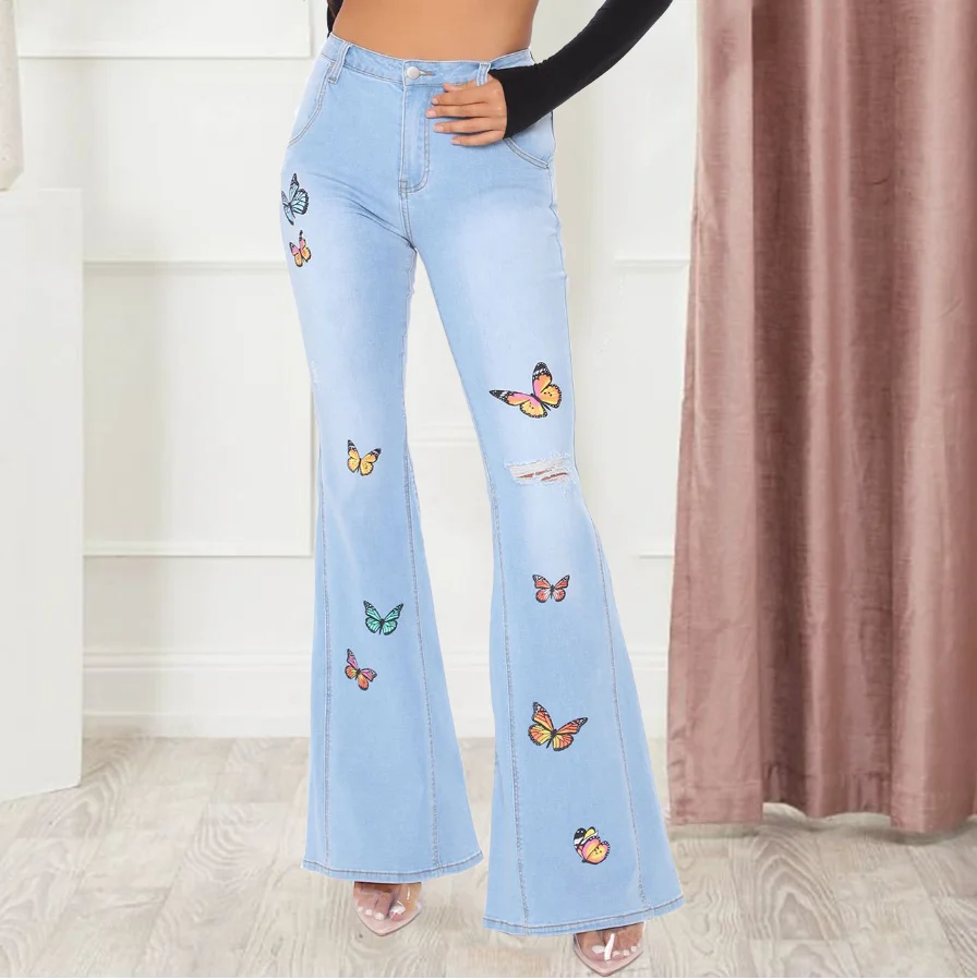 

2026 Elegant Sexy Versatile Slim Fit Butterfly Wide Leg Ripped High Stretch Flared Pants Female Trouser Casual Bottom
