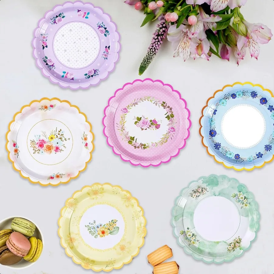 

48 PCS Floral Paper Plates for Tea Party Decorations 7 inch Disposable dessert plates for Bridal Shower Garden Wedding Mother's