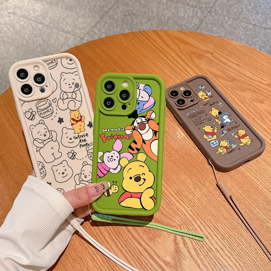 Winnie Pooh Plain Multistep Phone Case for OPPO A5 A7 A16 A17 A38 A53 A54 A55 A58 A72 A74 A76 A78 A94 A98 4G 5G With Hand Strap