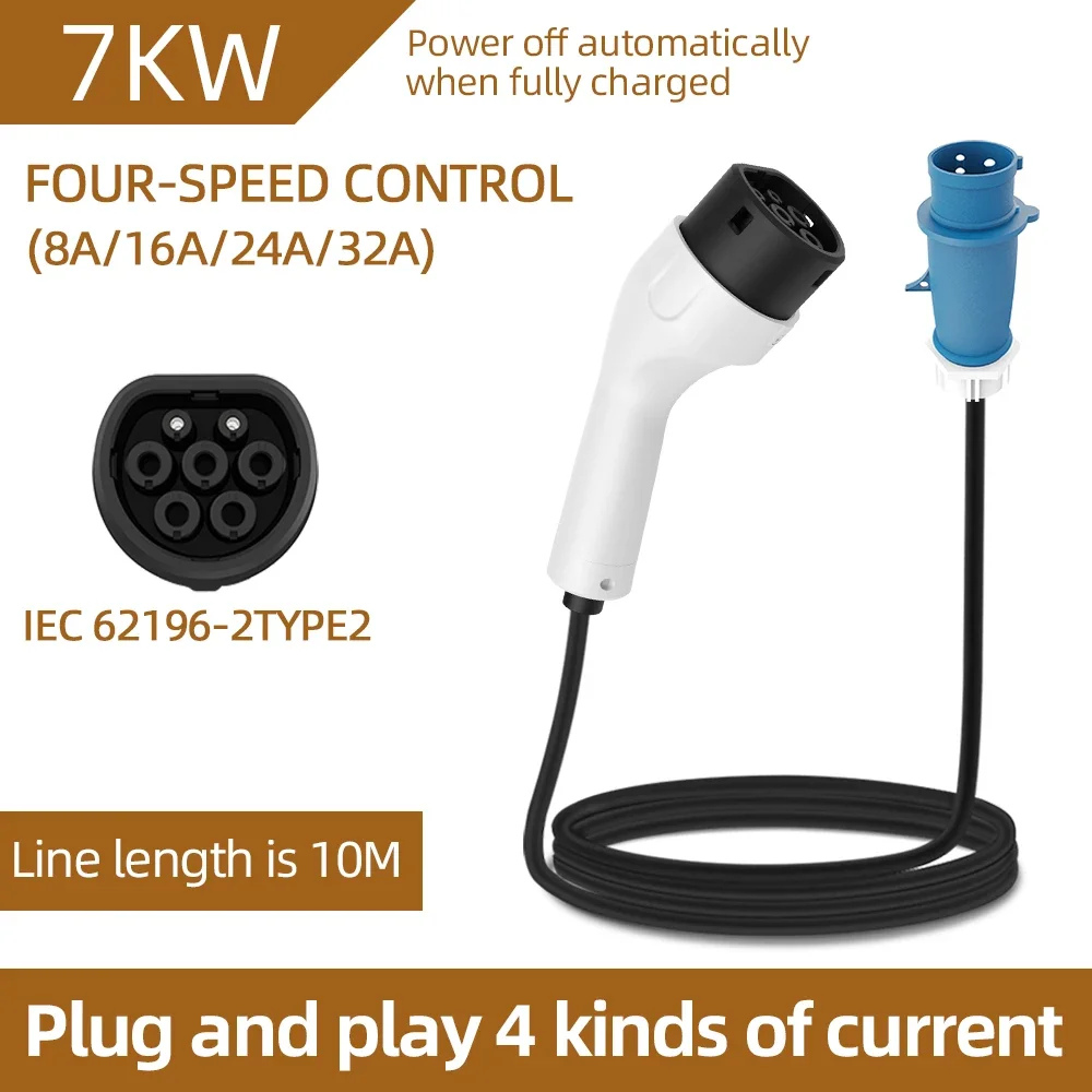 For Electric Vehicle 7KW 32A EV Portable Charger 3M 5M 10M 15M 20M Cable Type2 IEC62196 EVSE CEE Plug Wallbox Adapter
