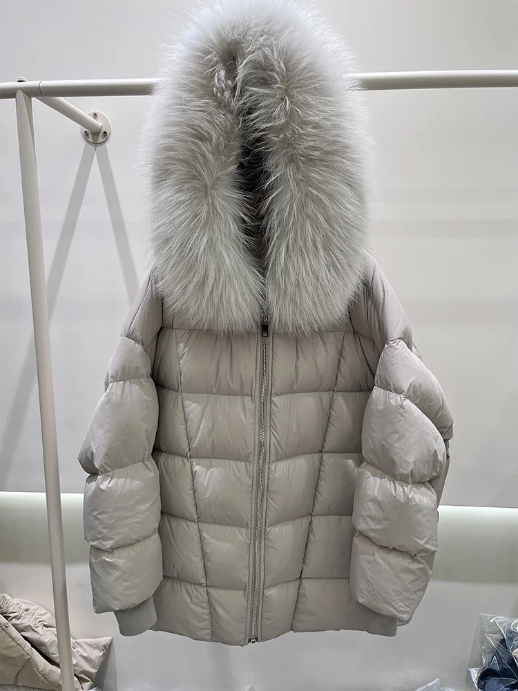 

New Fashion Autumn Winter Real Fox Fur Collar Puffer Jacket Women Warm Thick Coat Goose Down Jacket Luxury Outwear Female Coat