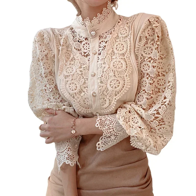 Long Sleeve Lace Blouse Summer 2024 Korea Women Sexy Hollow Out Flower White Lace Basic Shirt Top  Elegant Office Work Blouse