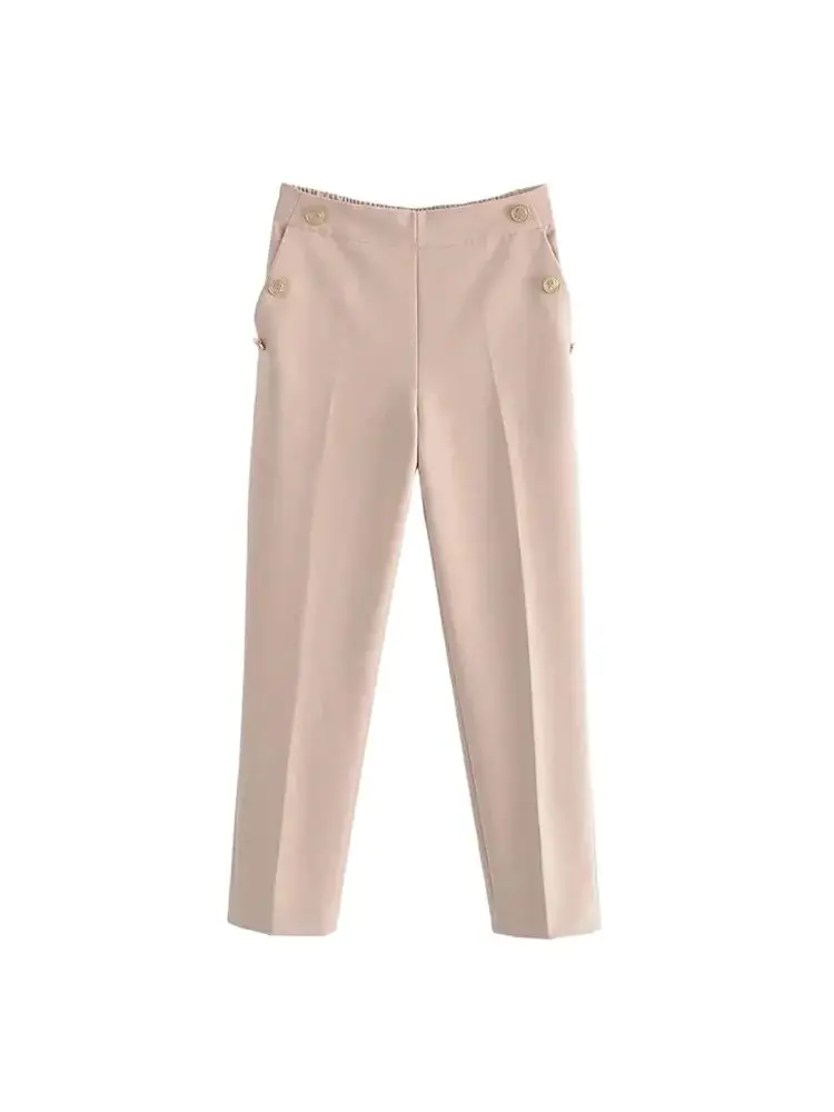 Women Fashion With Metallic Button Straight Pants Vintage High Waist Back Elastic Waistband Female Ankle Trousers Mujer