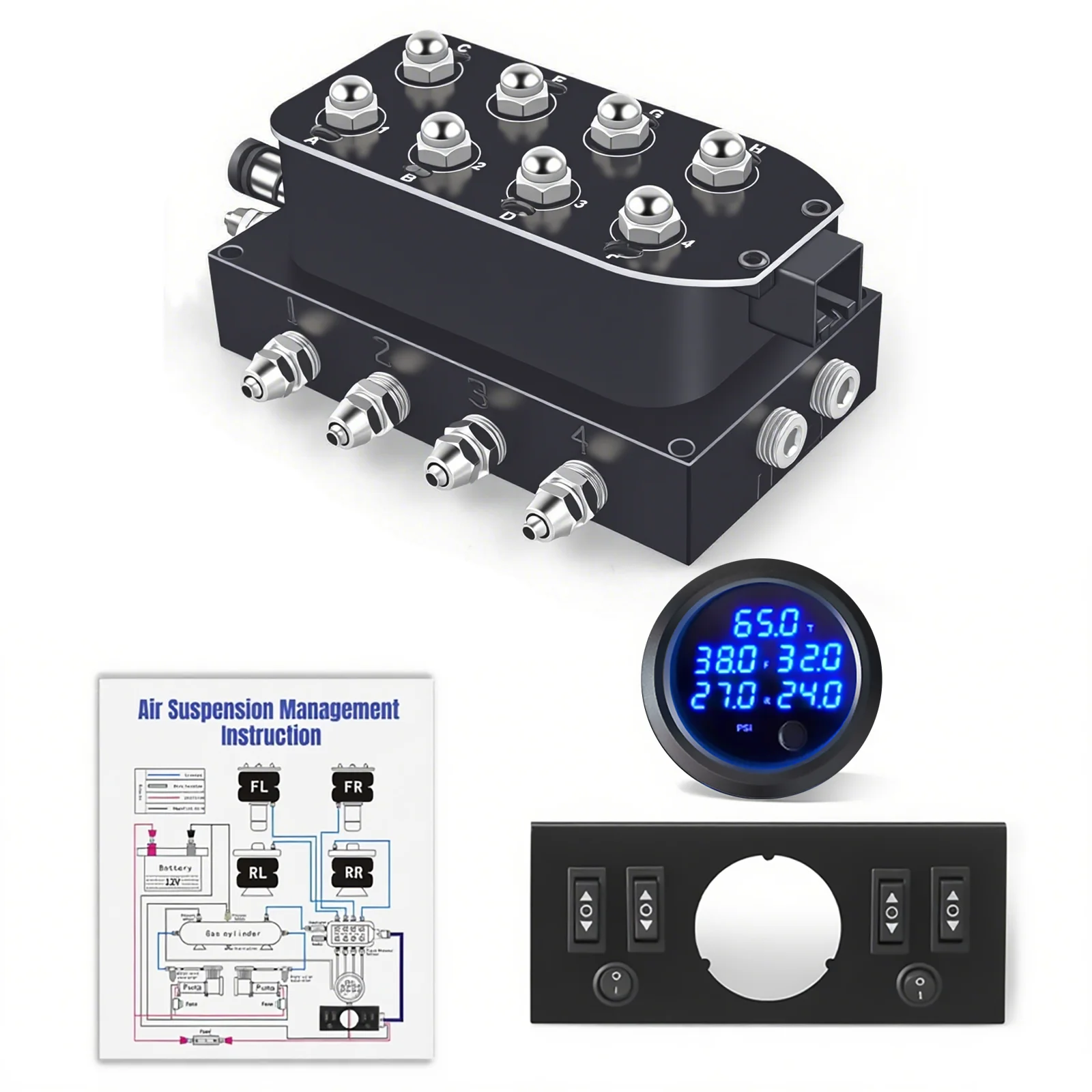 

Air Suspension Kit 12v 8-valve Solenoid Valve Manifold Valve Air Ride Controller Five Display Air Pressure Gauge Bracket Switch