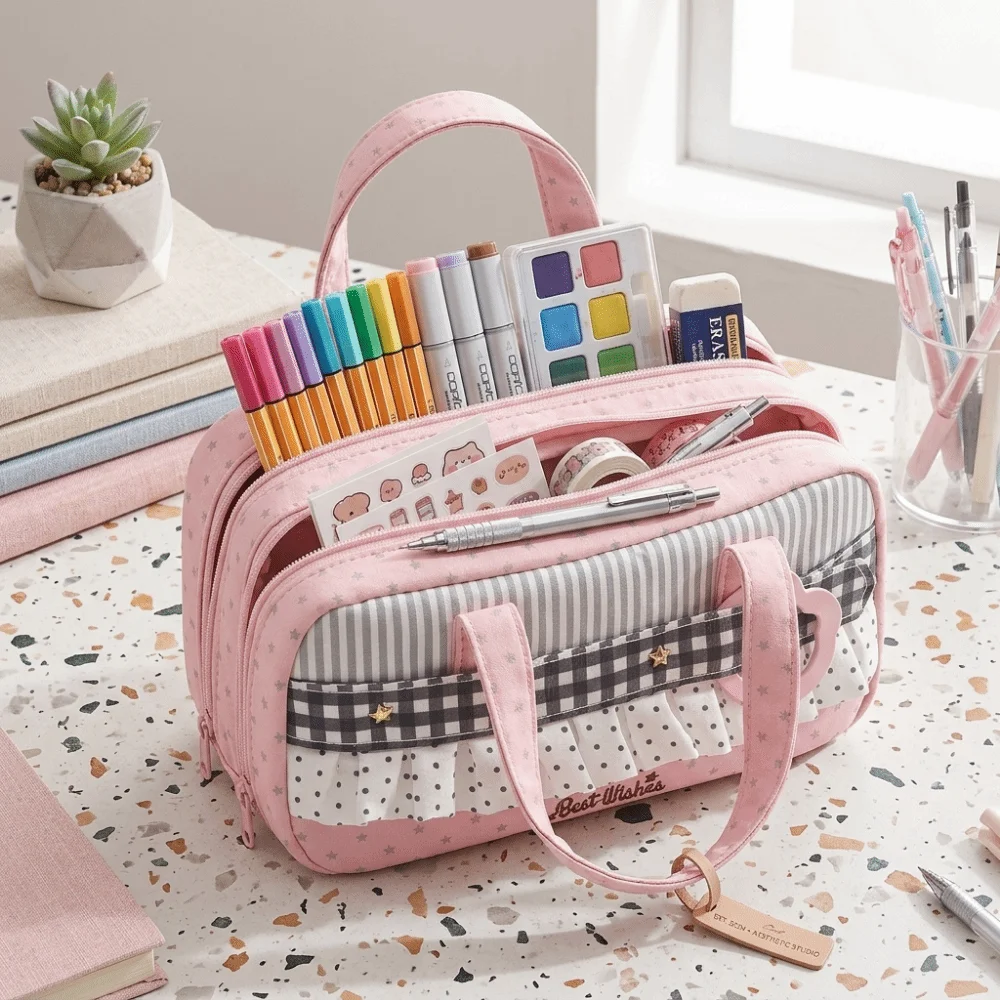 Creative Polka Dot Pen Bag Polka Dot Printed portable Handheld Pencil Case Multi-Layer Durable Pencil Organizer