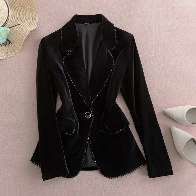 

Black Metallic Velvet Blazer Women's European Tailored Jacket Luxury Shimmer Office Blazer for Fall