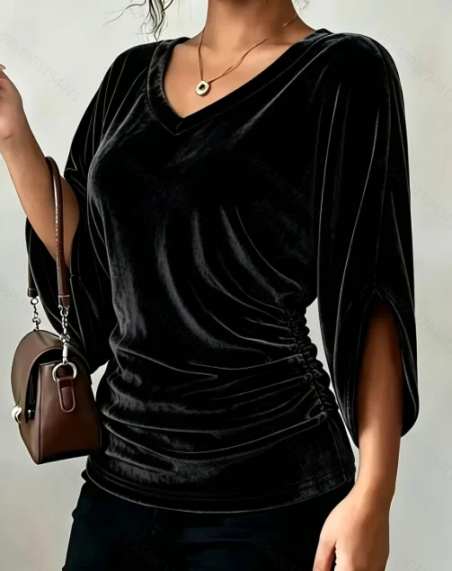 Plus Size Damen Samt-Oberteil mit V-Ausschnitt, 3/4-Ärmeln, elastischen Seitenpartien und Raffungen, einfarbige lässige Bluse – Detail 5