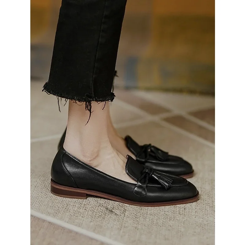 New Retro British Style Square Head Leather Shoes Women's Loafers Summer Tassel Comfortable Single Shoes Brown Dress Shoes