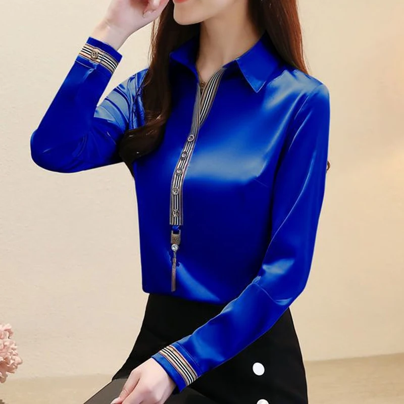 Spring Autumn New Chiffon Office Blouse Long Sleeve Polo Neck All-match Plus Size Shirt Tops Elegant Vintage Women Clothing