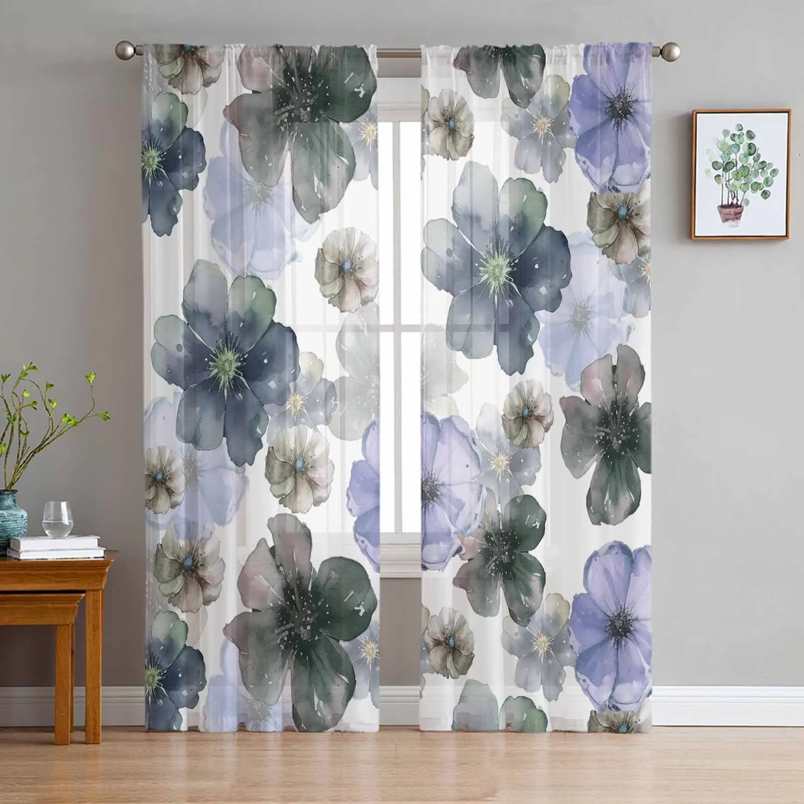 Plant Lemon Yellow Blue Purple Flower Watercolor Sheer Curtain Living Room Drapes Home Voile Curtain Tulle Window Curtain