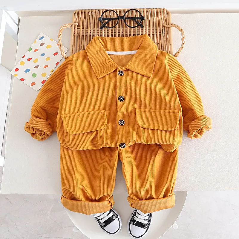 Spring and Autumn Boys Set Casual Lapel Solid Color Boys Coat+Pants 2 Piece Children Clothing Set