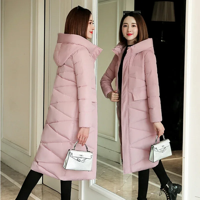 Parkas de moda 3XL para mujer, abrigo cálido con capucha de invierno, chaqueta básica acolchada de algodón ajustada, prendas de vestir largas