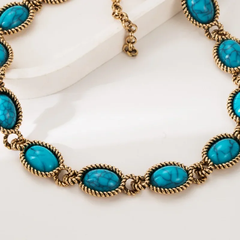 Draweye Turquoise Necklaces for Women Bohemia Vintage Geometric Ethnic Style Jewelry Elegant Fashion Collares Para Mujer