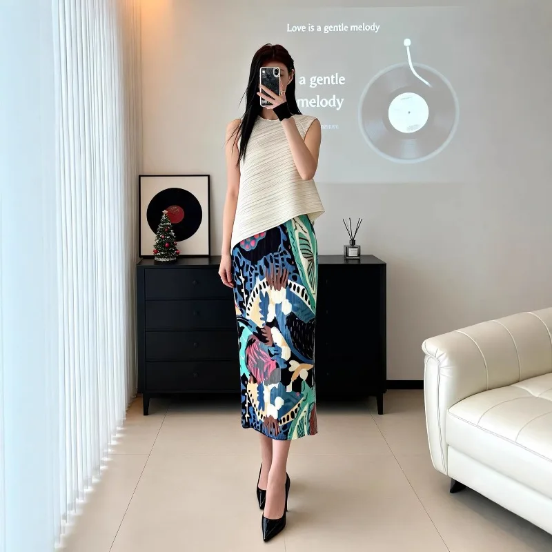 

Плиссированная классическая юбка Miyake 2026: Нишевый дизайн, летняя, с принтом, тонкая, с высокой талией, с карманами, плиссе, А-силуэт