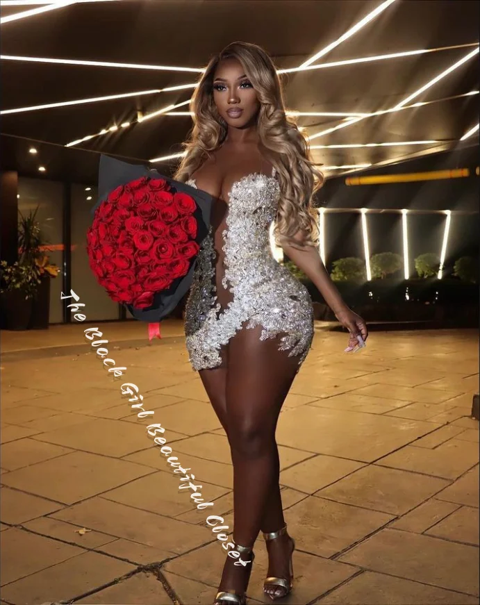 Silver White Exquisite Birthday Party Dresses 2024 African Girls Printed Beaded Prom Dresses Sexy Short Homecoming Dresses