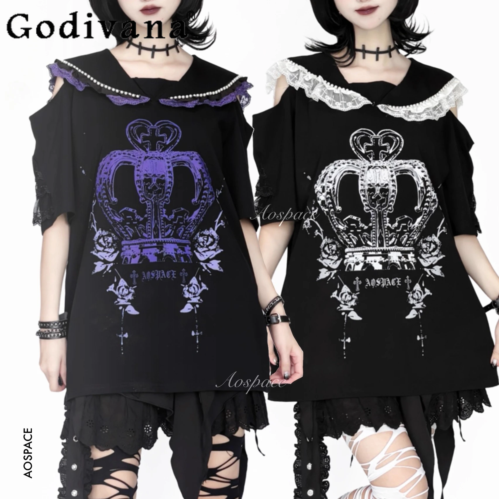 

Original Subculture Gothic Dark Sweet Cool T-Shirt Summer New 2025 Girl's Y2k Print Sailor Collar Off-Shoulder Short Sleeve Tops