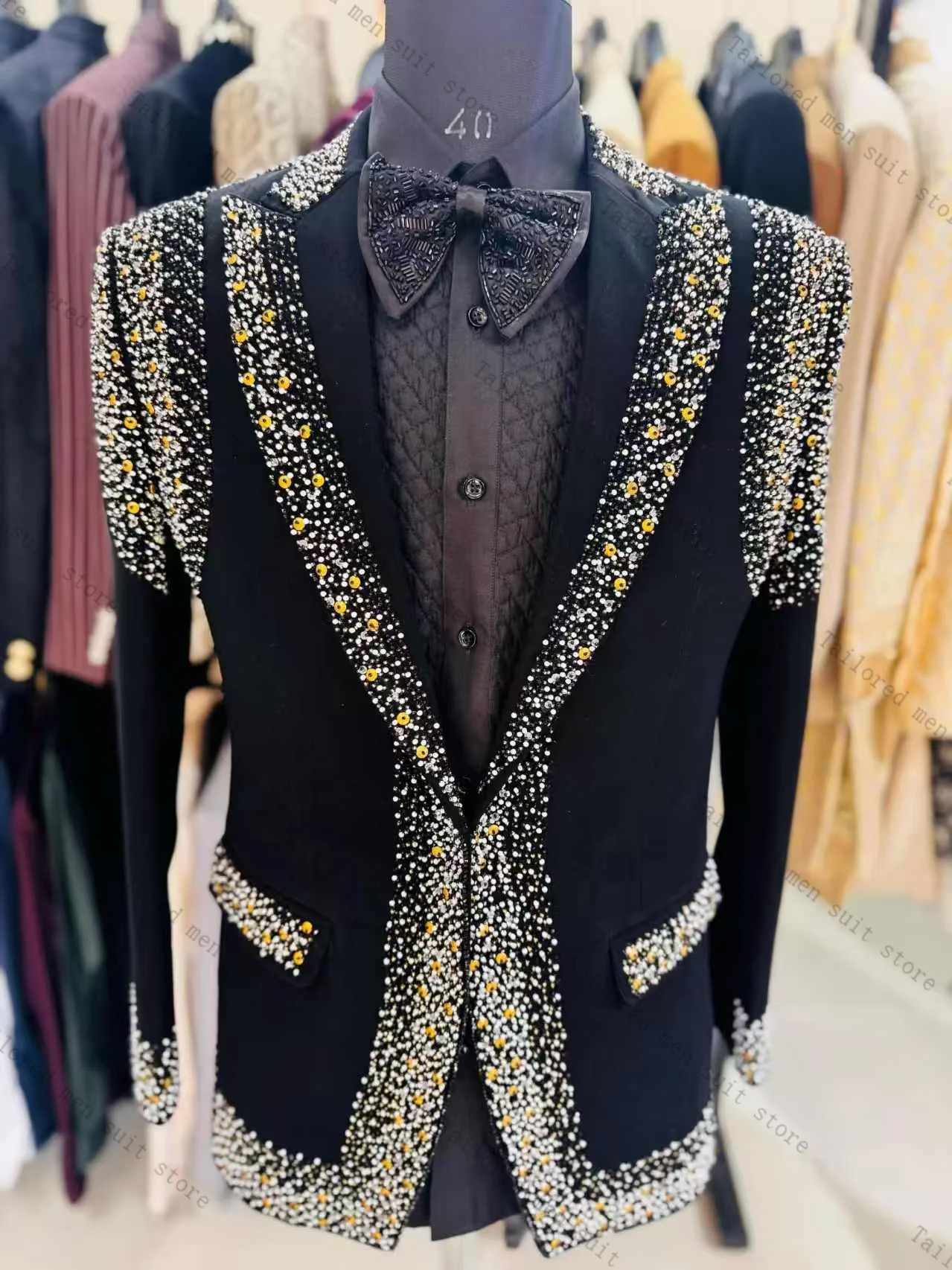 Conjunto de trajes de hombre con cristales negros, chaqueta de 2 piezas + Pantalones, chaqueta de esmoquin de boda para novio de algodón, abrigo Formal personalizado para oficina