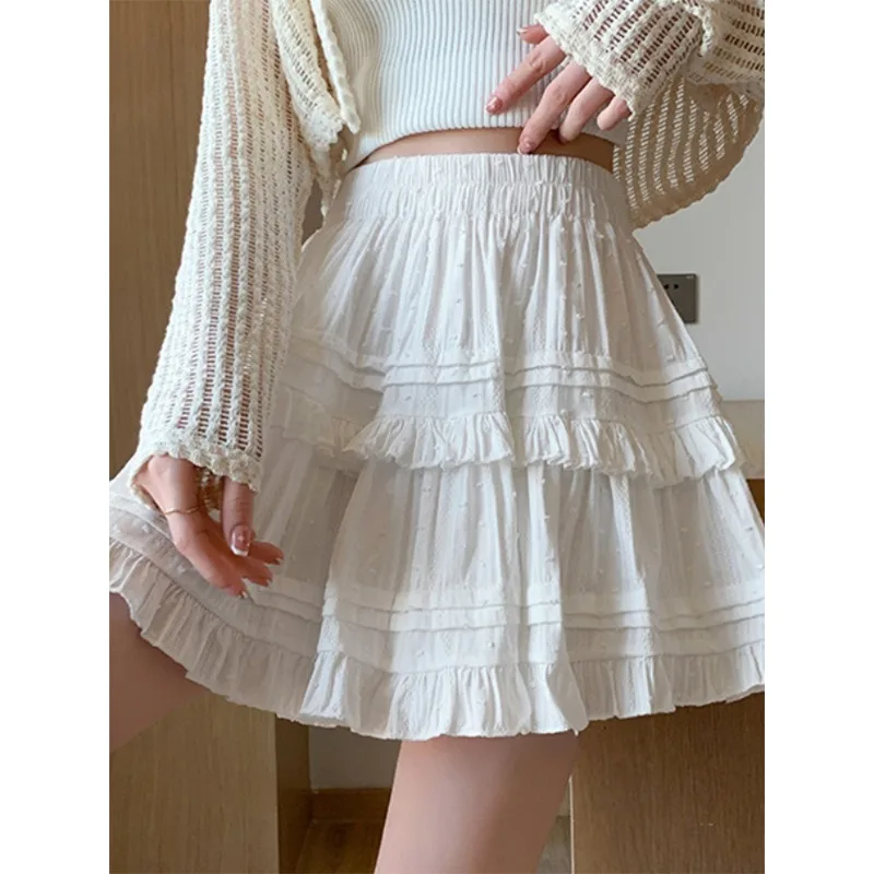 Sweet Cute Lace Mini Skirt Women Kawaii White Ruffles Pleated Short Skirts Woman 2025 Summer Korean High Waist A Line Skirts