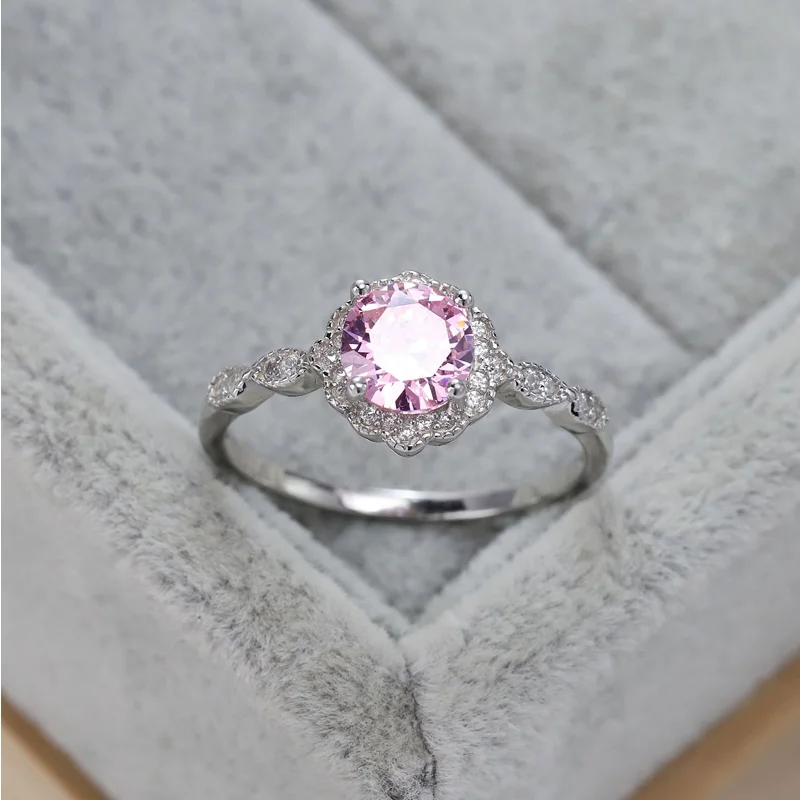 

Luxury Silver Color Adjustable Ring for Women Fashion Metal Inlaid Pink Round Zircon Stones Wedding Ring Engagement Jewelry Gift