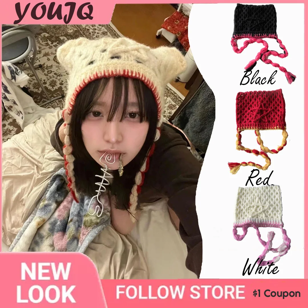 Y2k Retro Contrasting Color Cute Cat Ear Stars Beanies Caps Autumn Winter Travel Warm Sweet Casual Women's Hats Beanie Bonnet