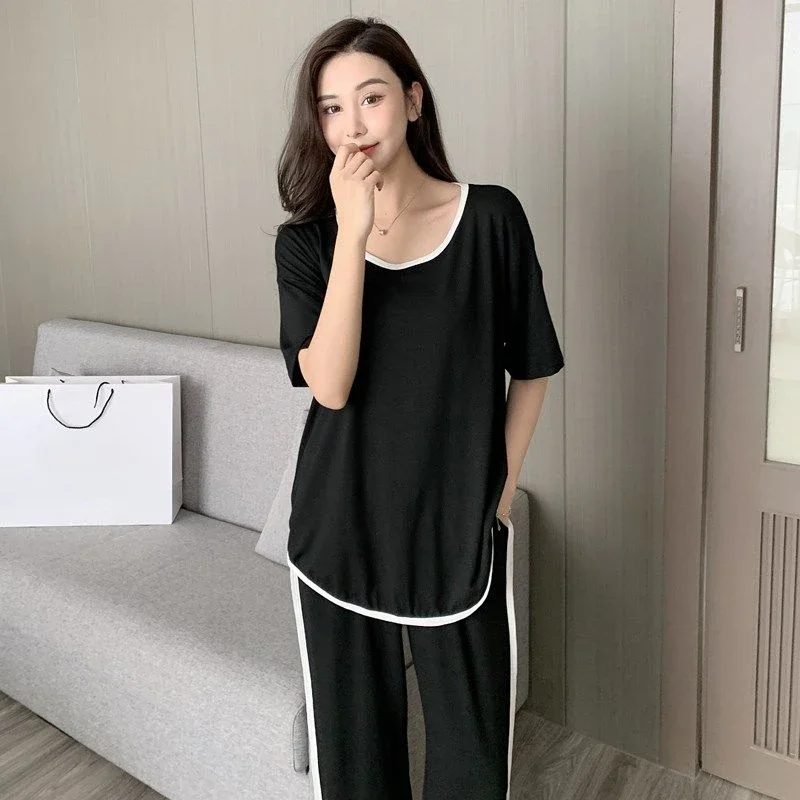 

Female Summer Oversized Fat Mm Loose Simple Can Be Worn Outside The Home Suit 2-300 Catties Short-sleeved Trousers Pajamas