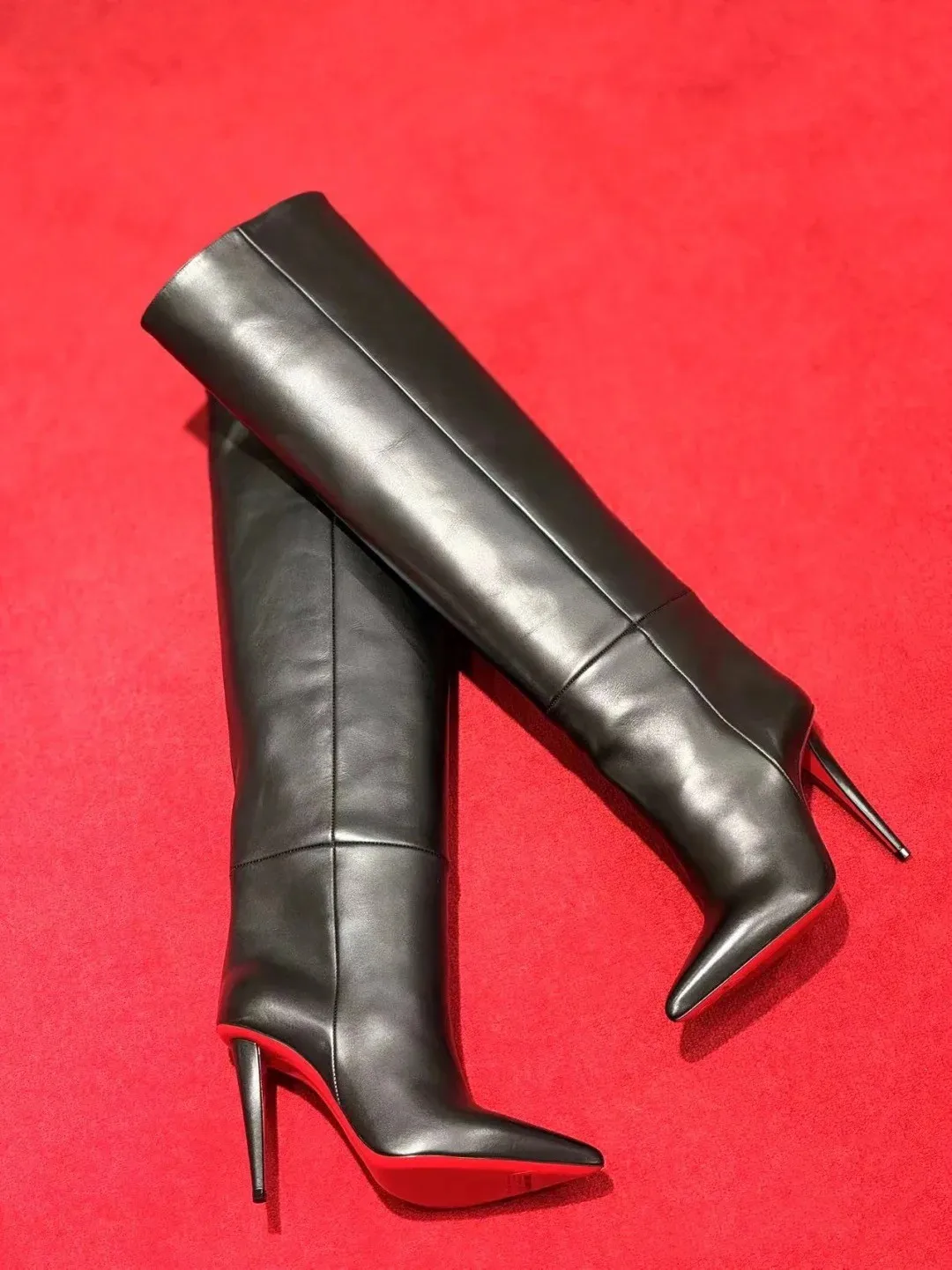 New European and American Women's Slim High Heels, Pointed Rivets, Knee Length Boots, Fashionable Party Oversized Mid Size Boots view 4