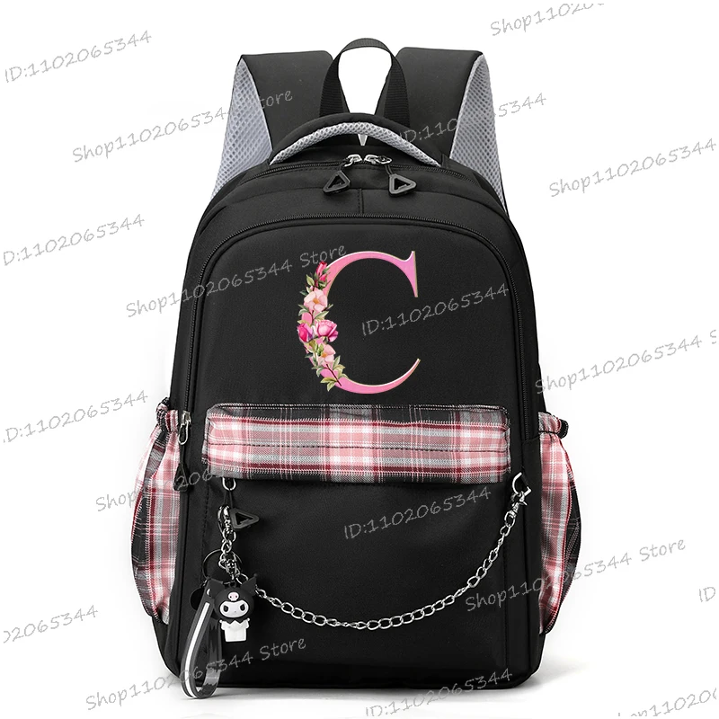 Y2K Cool 26 Alphabet Flower Printed Large Capacity Schoolbag with Chain College Girls Backpack Waterproof Nylon Bookbag For Teen