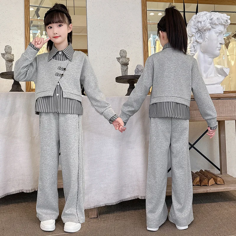 Teenager Girls Grey Suit Autumn Winter Clothes striped sweatshirt T shirt + wide leg Pants Casual 4 5 7 8 10 12 14 Years Child