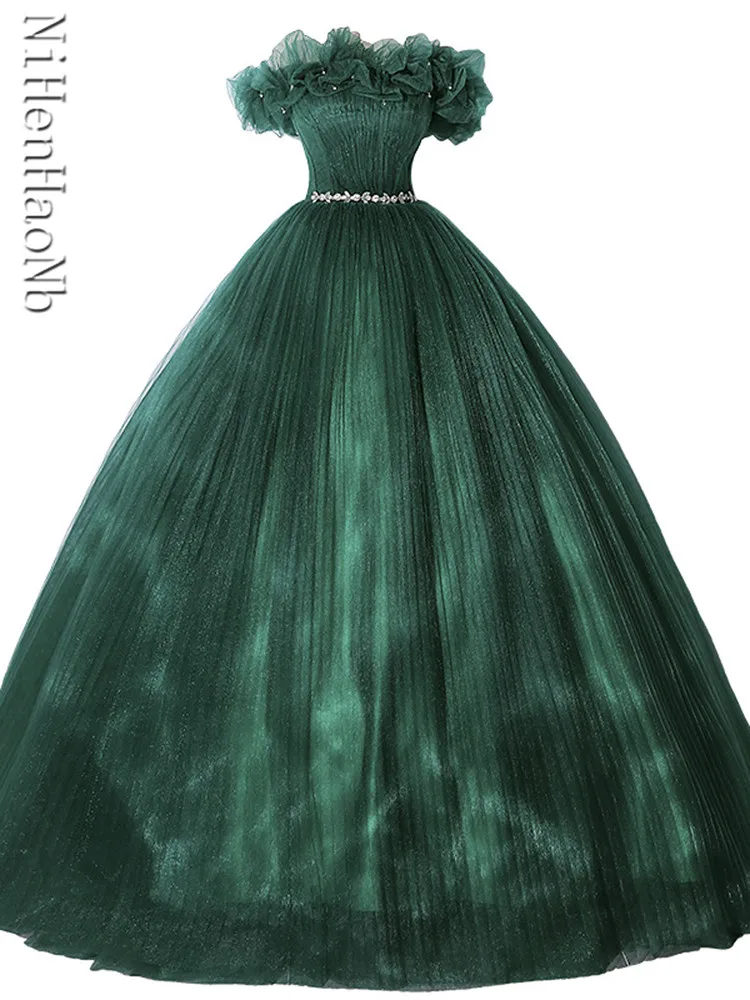 New Dark Green Long Quinceanera Dresses Women Princess Performance Banquet Party Ball Prom Dress Gown