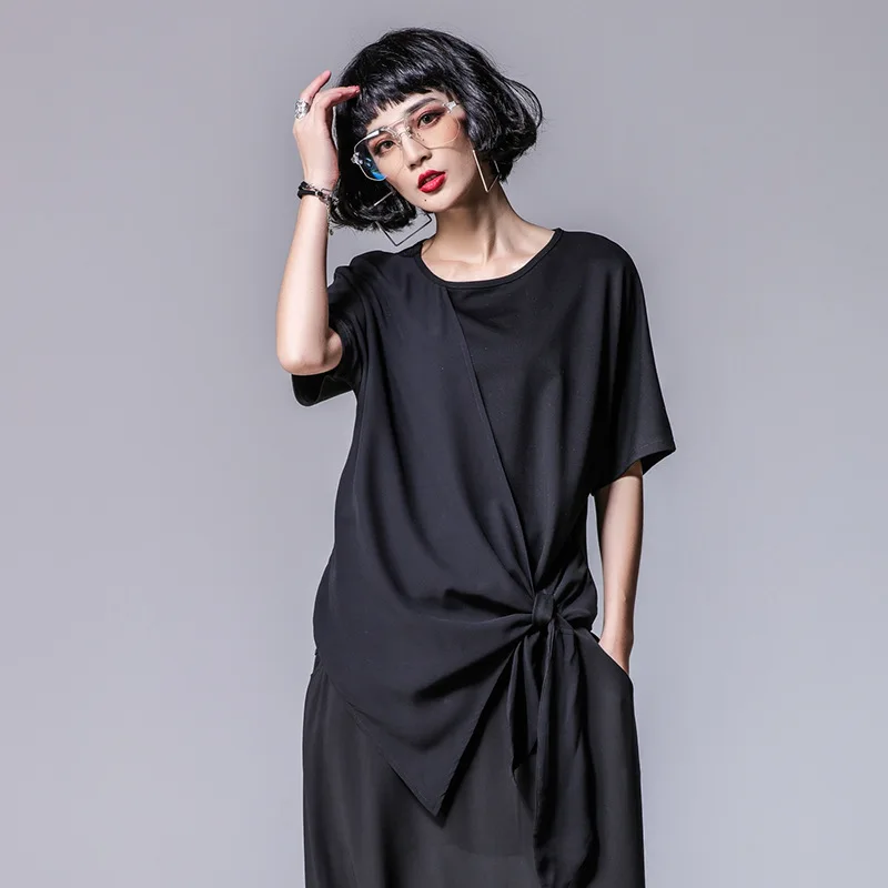 ANJY Spring Summer New Women Dark Style Short Sleeves Loose Slim Asymmetric Patchwork T-shirt Trendy Fashion Elegant Tops A21488