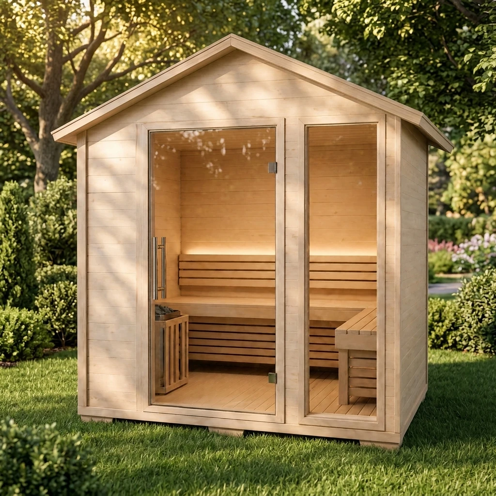 Weatherproof 3-4 Person Finnish Outdoor Sauna Cabin Hemlock Wood Traditional Stove Rock Heater Garden Backyard Home Spa Use