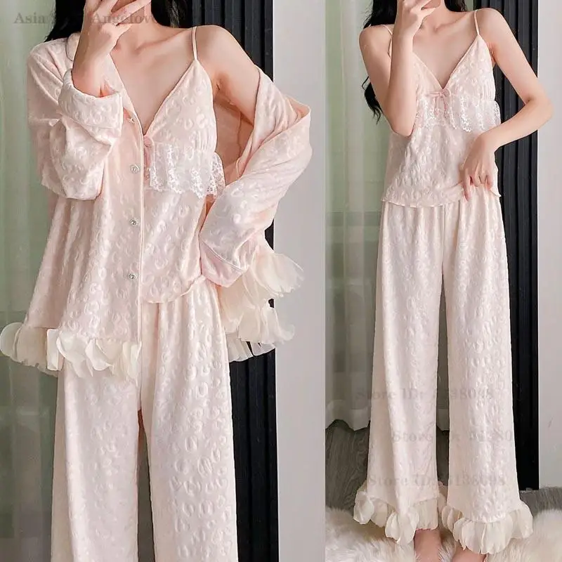 

Элегантный пижамный комплект из 3 предметов с кружевными лепестками, одежда для сна, осень-зима, бархатная ночная рубашка, пижамы, свободная повседневная домашняя одежда, домашняя одежда, нижнее белье