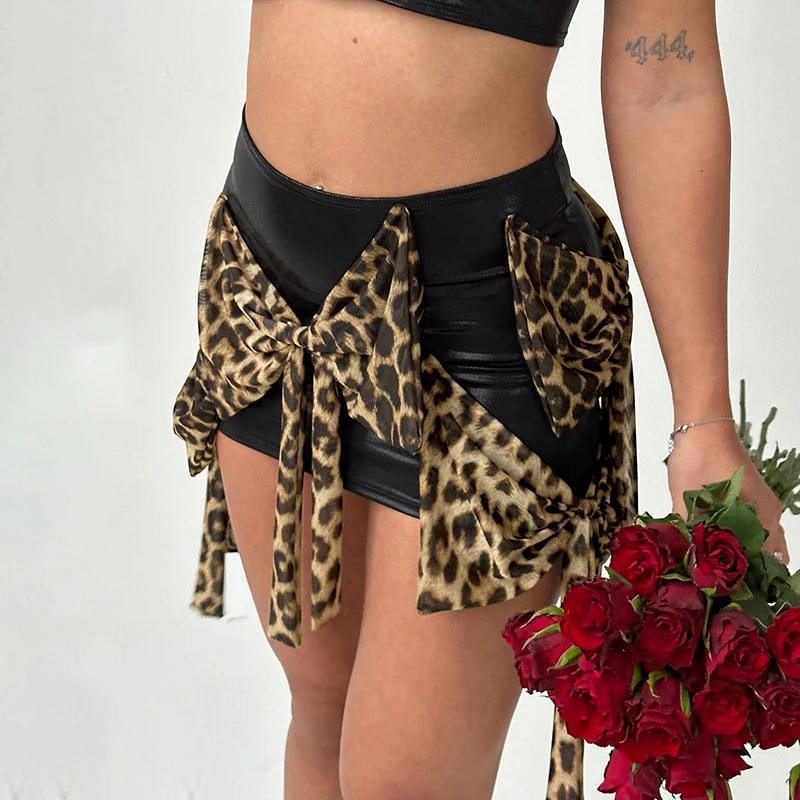 BKLD Irregular Leopard Pattern Bow Decoration Sexy Fashionable Women's Tight Fit Wrap Mini Half Skirt Hottie Street Chic Bottoms