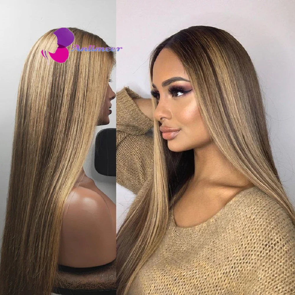 Silk Straight Honey Blonde Highlight Wigs Lace Front Human Hair Wig Brazilian Virgin Human Hair 13x4 Silk Top Wig for Women