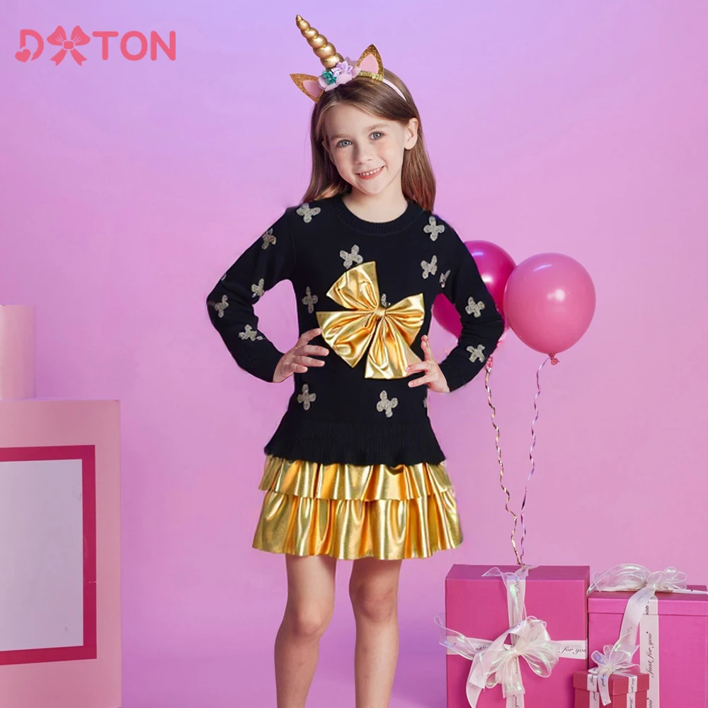 

DXTON Girls Knitting Sweater Dress Winter Children Warm Clothes Butterfly Bow Patchwork Princess Dresses Thick Kid Knitted Dress