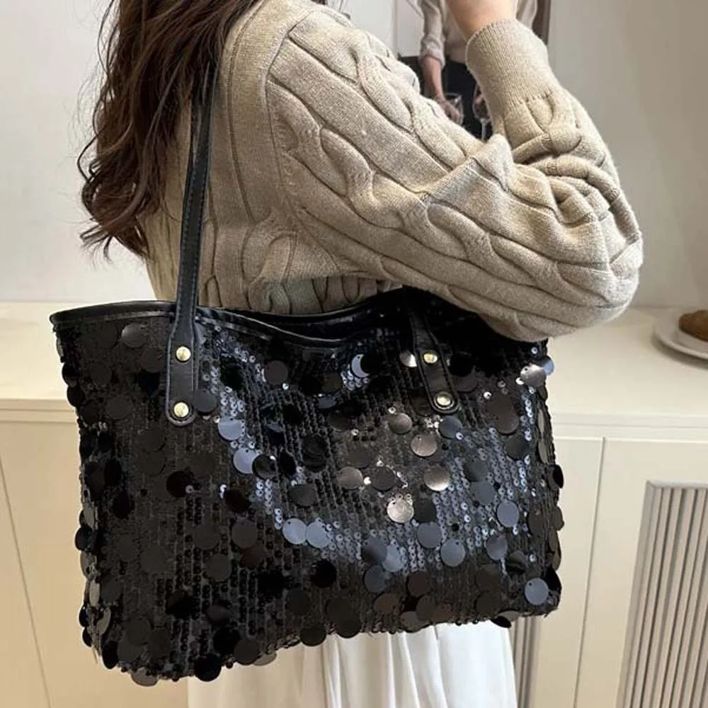 Large Capacity Sequin Tote Bag Lightweight Design Inner Pocket Glitter Shoulder Bag Wear Resistan Zipper Closure Shiny Handbag